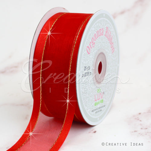 1 1/2" Organza With Satin And Gold Edge Ribbon - 25 Yards (Red)