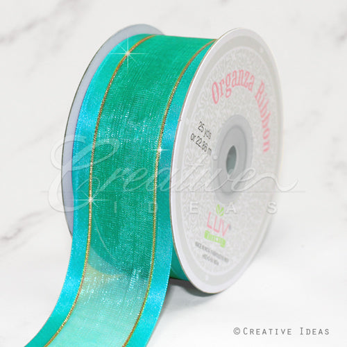 1 1/2" Organza With Satin And Gold Edge Ribbon - 25 Yards (Tropic Blue)