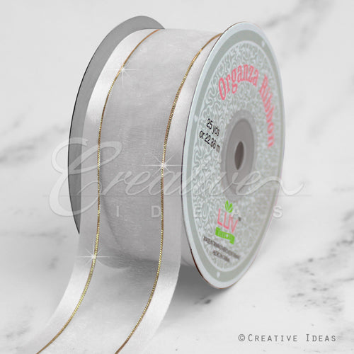 1 1/2" Organza With Satin And Gold Edge Ribbon - 25 Yards (White)