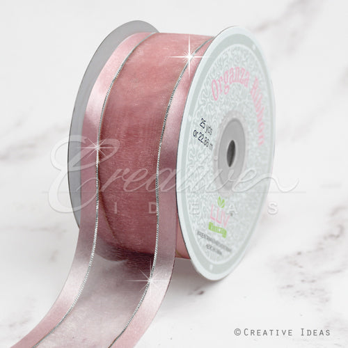 1 1/2" Organza With Satin & Silver Edge Ribbon - 25 Yards (Blush)