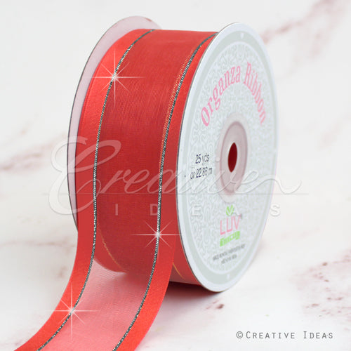 1 1/2" Organza With Satin & Silver Edge Ribbon - 25 Yards (Coral)