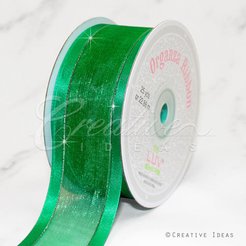 1 1/2" Organza With Satin & Silver Edge Ribbon - 25 Yards (Emerald Green)