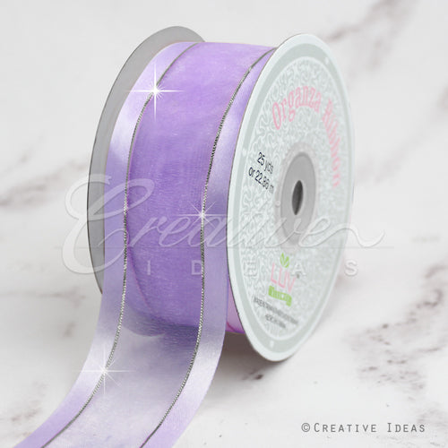 1 1/2" Organza With Satin & Silver Edge Ribbon - 25 Yards (Lavender)