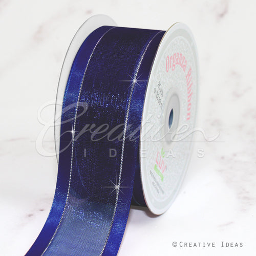 1 1/2" Organza With Satin & Silver Edge Ribbon - 25 Yards (Navy Blue)
