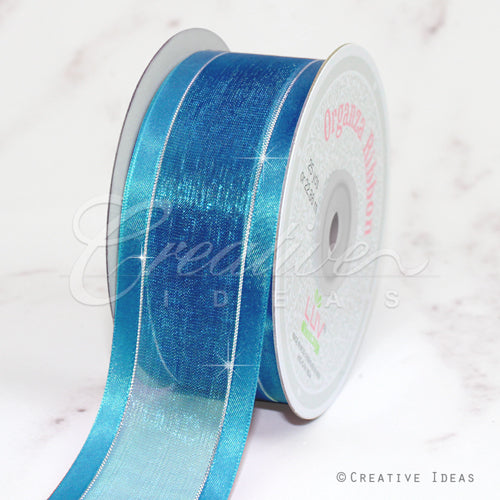 1 1/2" Organza With Satin & Silver Edge Ribbon - 25 Yards (Turquoise)