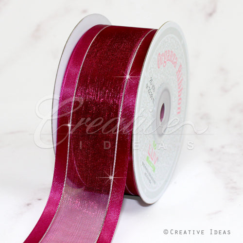 1 1/2" Organza With Satin & Silver Edge Ribbon - 25 Yards (Wine)