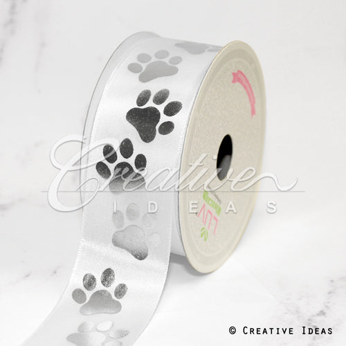 1 1/2" Satin Metalic Paw Print Ribbon-21 Feet (White/Silver)