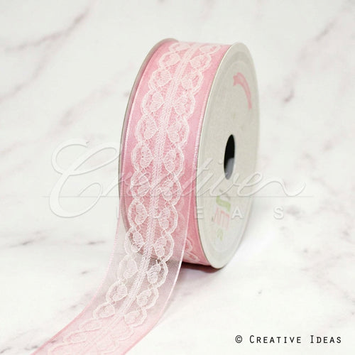 1 1/2" Scalloped Heart Lace Overlay Mesh Ribbon-10 Yds (Pink)