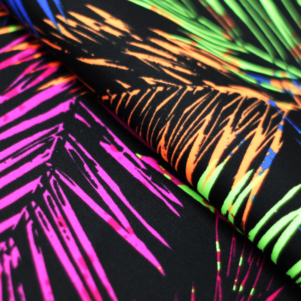 Electric Tropics Nylon Spandex Fabric - Tropical Palm Leaf Print, Multi, Orange-Red, Green-Blue, Pink-Purple, 58-60" Width (1 Yard)