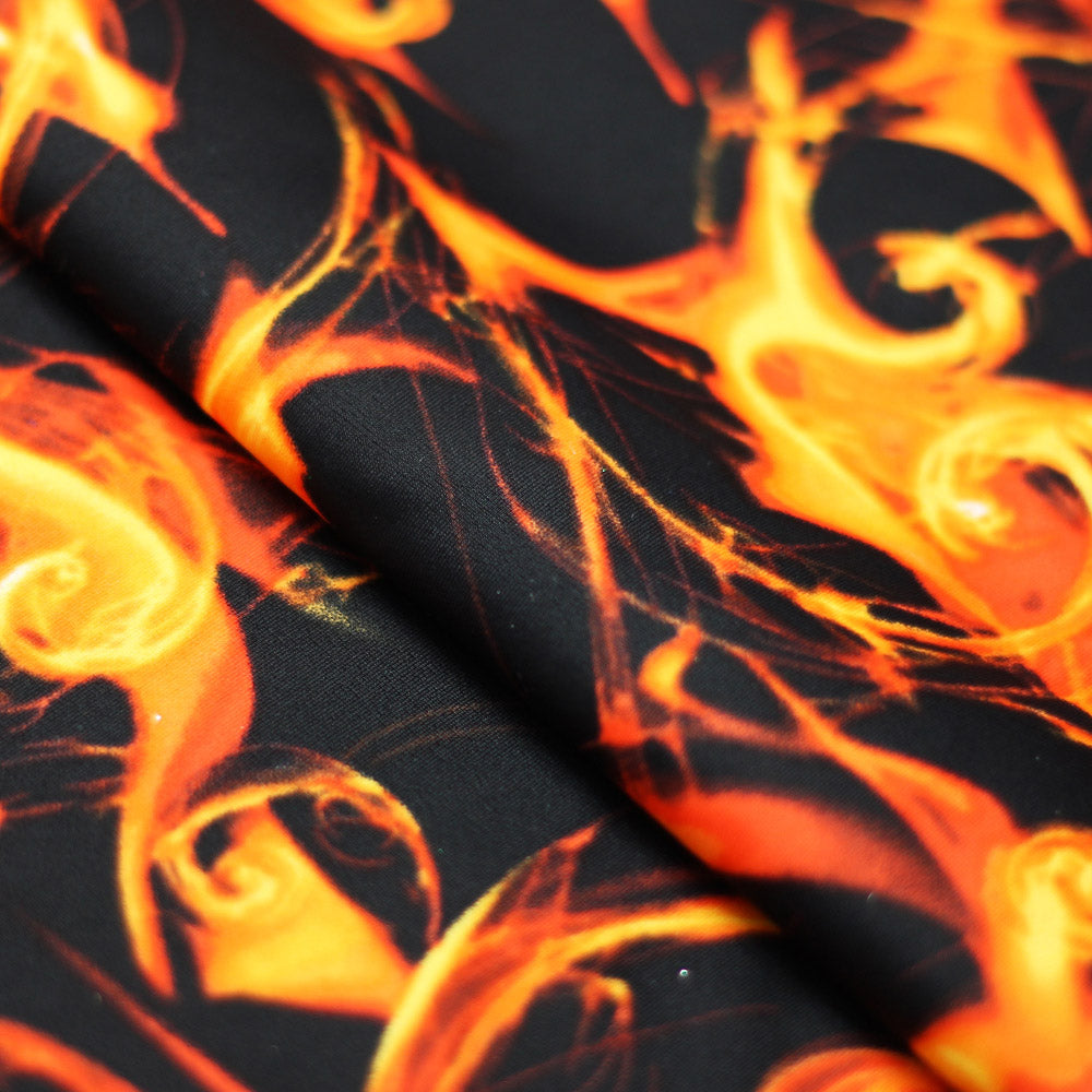 Fire Tornado Nylon Spandex Fabric - Fire Flame Print, Orange/Red Foil, Pink/Pink Foil, Blue/Royal Foil, 58/60" Width (1 Yard)