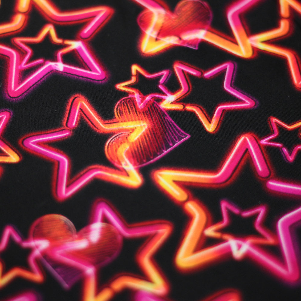 Vegas Nights Nylon Spandex Fabric - Black With Neon Stars And Hearts, 58/60" Width (1 Yard)