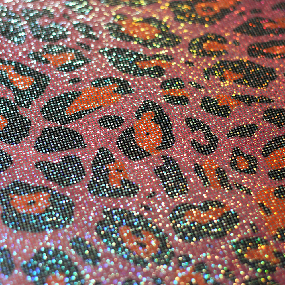 Iridescent Leopard Polyester Spandex Fabric - Pink, Aqua, Orange, Lime, Silver-Black Leopard Print, 58-60" Width, 200 GSM, 4-Way Stretch (1 Yard)