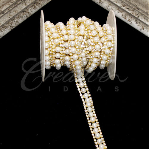 1/2" Faux Pearl Center Rhinestone Chain-3 Yds (Gold)