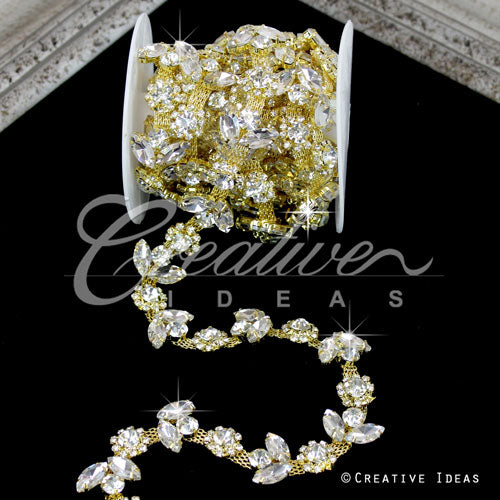 1/2" Floral Shape Rhinestone Chain-10 Yds (Gold)