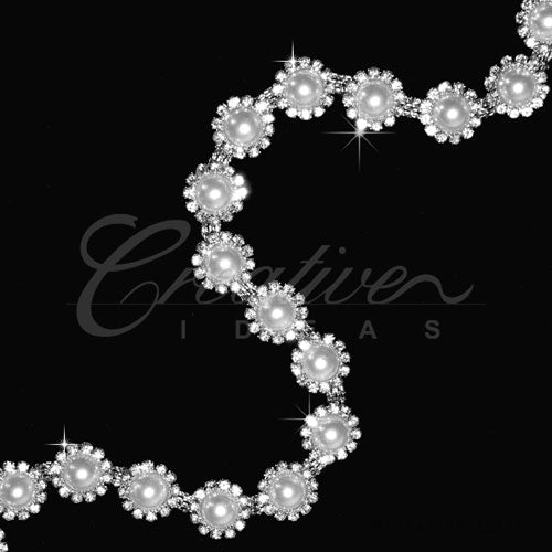 1/2" Half Pearl Center Rhinestone Chain-3 Yds (Silver)
