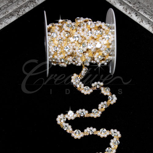 1/2" Wavy Pearls Rhinestone Chain-3 Yds (Gold)