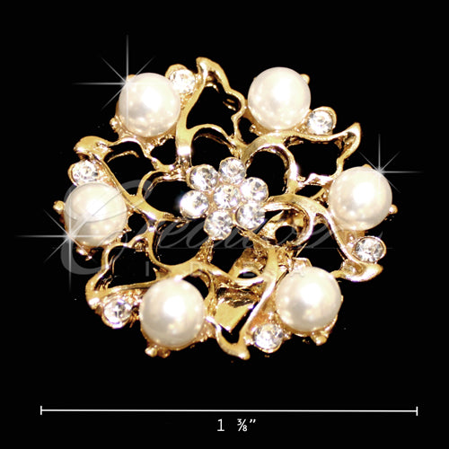 1 3/8" Pearl Flower Rhinestone Brooch-2 Pcs (Gold)