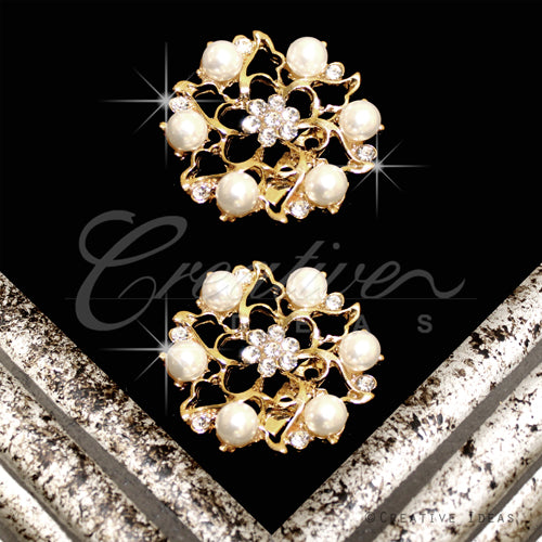 1 3/8" Pearl Flower Rhinestone Brooch-2 Pcs (Gold)