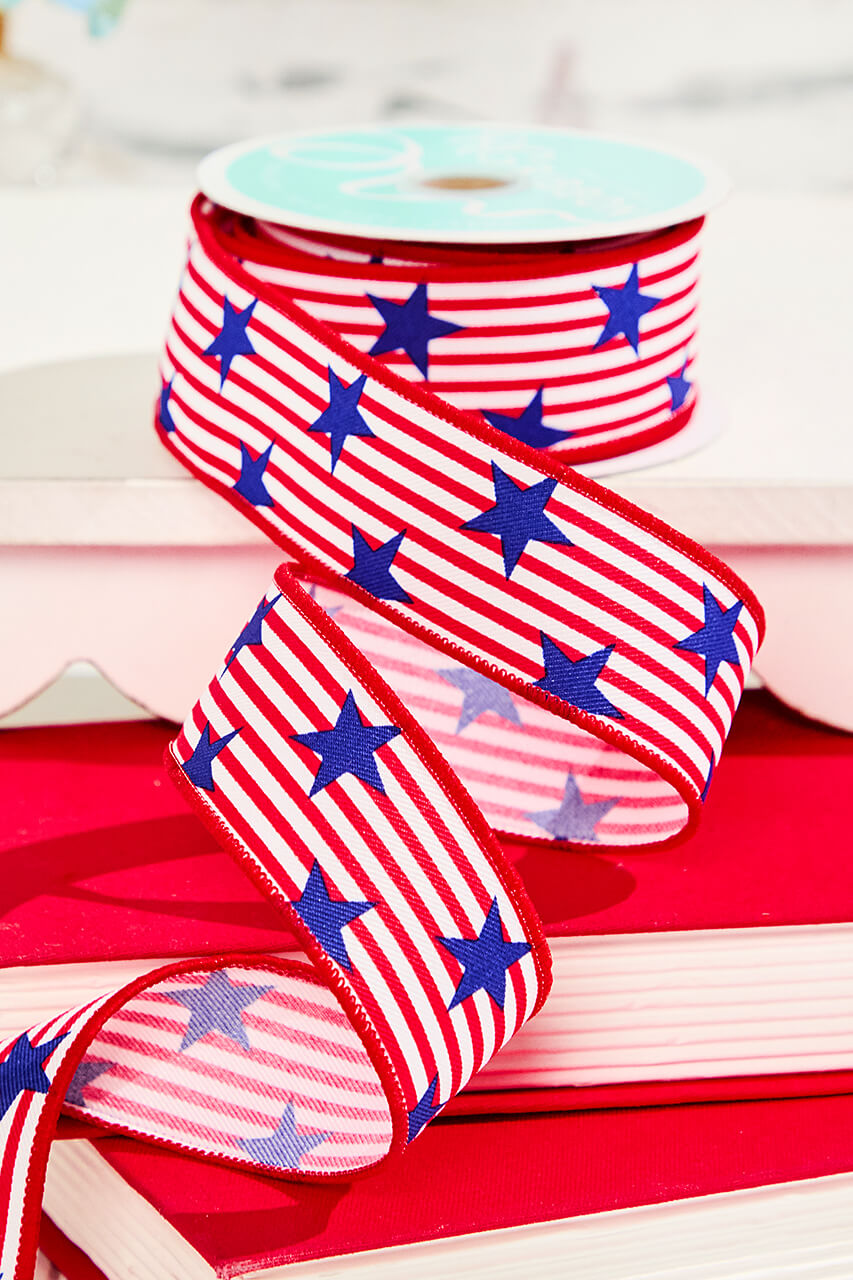 1.5" x 10 Yard Red & White Striped Ribbon with Blue Stars