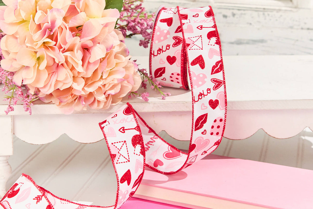 1.5" x 10 Yard Letters Hearts XOXO Patterned Ribbon Valentine Craft Decor Ribbon for Bows Wreaths and Gift Wrapping