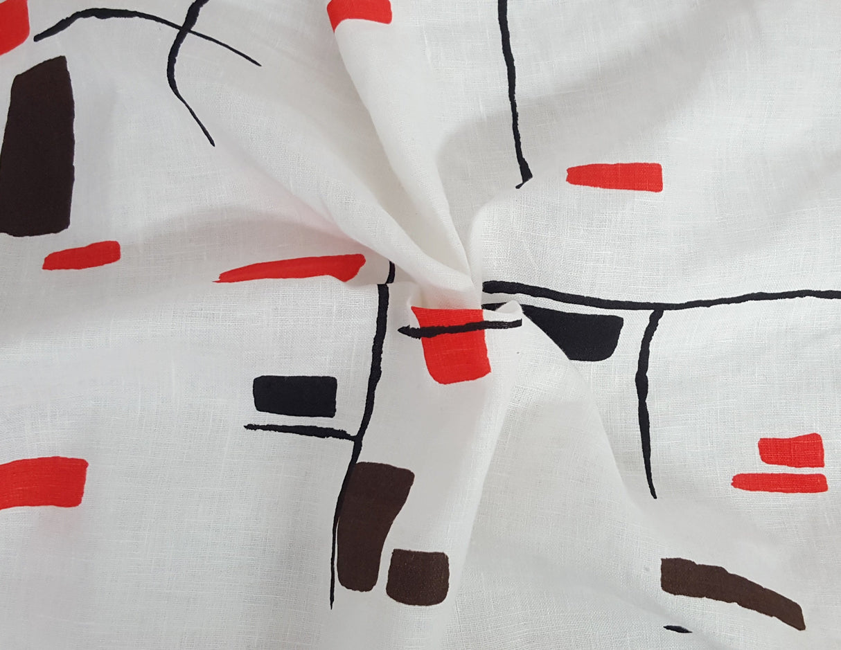Printed Linen Abstract Black Brown Red