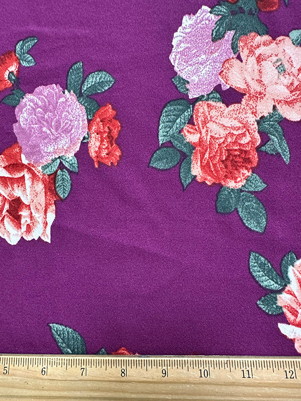 1 Yard Magenta Crepe Scuba Double Knit Fabric With Floral Print For Apparel And Activewear 58 Inches Width