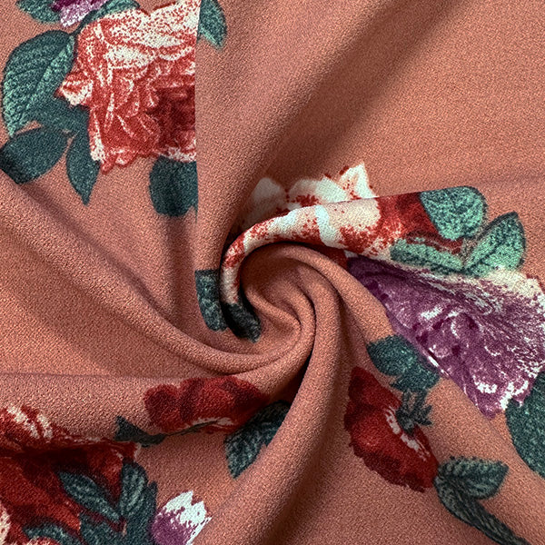 1 Yard Terra Cotta Crepe Scuba Double Knit Fabric With Multi Floral Print For Apparel And Activewear 58 Inches Width