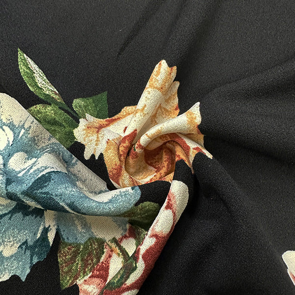 1 Yard Black Crepe Scuba Double Knit Fabric With Pink Floral Print For Apparel And Activewear 58 Inches Width