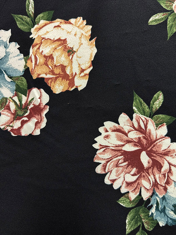 1 Yard Black Crepe Scuba Double Knit Fabric With Pink Floral Print For Apparel And Activewear 58 Inches Width