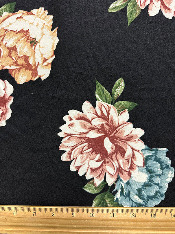 1 Yard Black Crepe Scuba Double Knit Fabric With Pink Floral Print For Apparel And Activewear 58 Inches Width