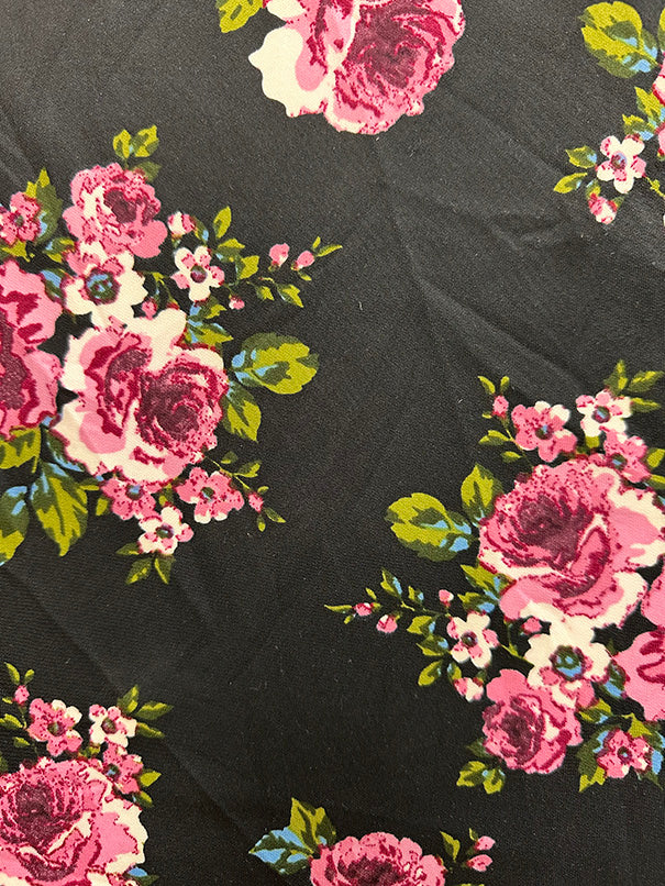 1 Yard Black Scuba Knit Fabric With Pink Burgundy Floral Print For Apparel And Activewear 58 Inches Width