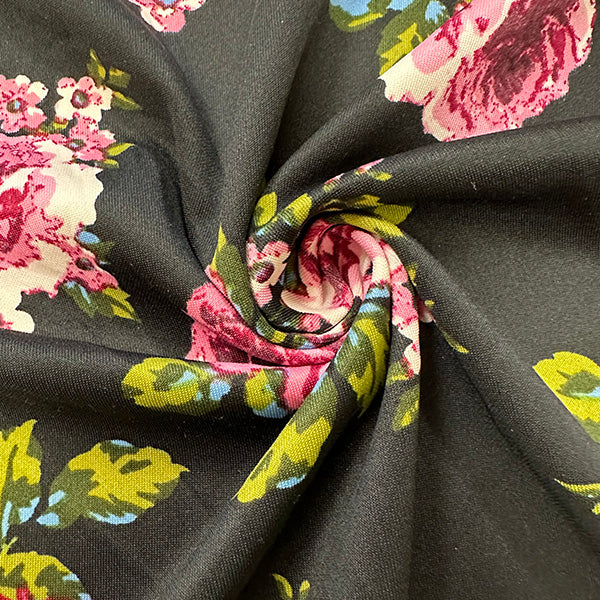 1 Yard Black Scuba Knit Fabric With Pink Burgundy Floral Print For Apparel And Activewear 58 Inches Width