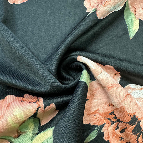 1 Yard Black Scuba Knit Fabric With Clay Multi Floral Print For Apparel And Activewear 58 Inches Width