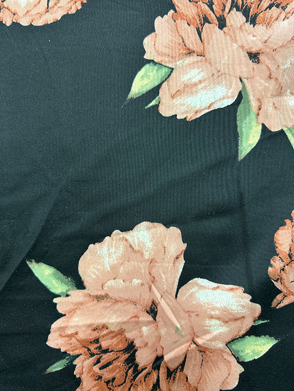 1 Yard Black Scuba Knit Fabric With Clay Multi Floral Print For Apparel And Activewear 58 Inches Width