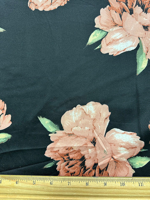 1 Yard Black Scuba Knit Fabric With Clay Multi Floral Print For Apparel And Activewear 58 Inches Width