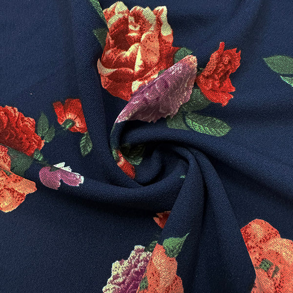 1 Yard Dark Blue Floral Crepe Scuba Double Knit Fabric For Apparel Activewear Crafts 58 Inches Width
