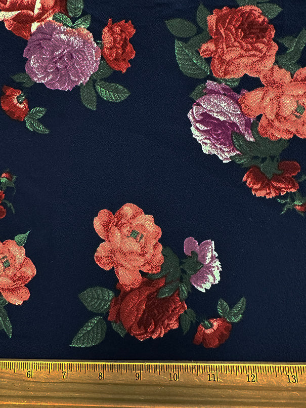 1 Yard Dark Blue Floral Crepe Scuba Double Knit Fabric For Apparel Activewear Crafts 58 Inches Width