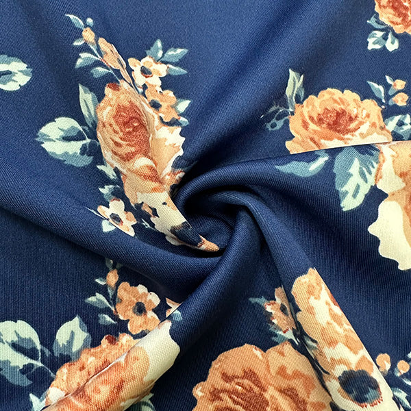 1 Yard Navy Peach Floral Scuba Knit Fabric For Apparel Activewear Crafts 58 Inches Width