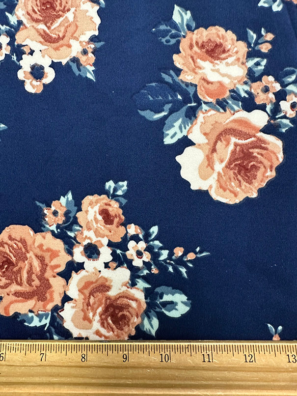 1 Yard Navy Peach Floral Scuba Knit Fabric For Apparel Activewear Crafts 58 Inches Width