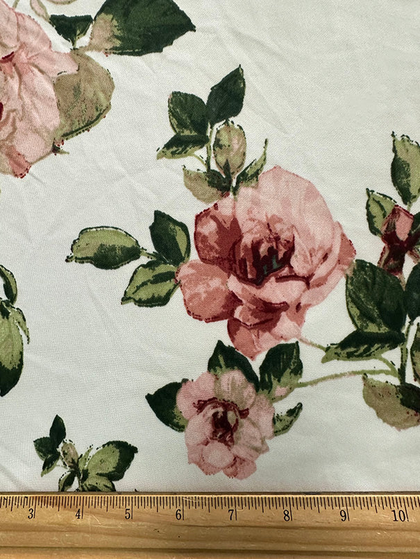 1 Yard Ivory Scuba Knit Fabric With Pink Multi Floral Print For Apparel And Activewear 58 Inches Width