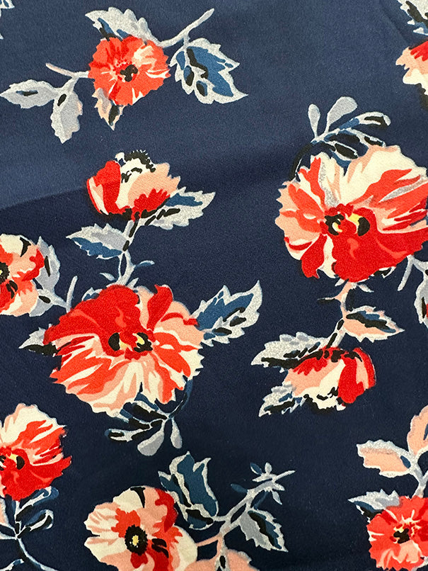 1 Yard Dark Blue Scuba Knit Fabric With Blue And Red Multi Floral Print For Apparel And Activewear 58 Inches Width