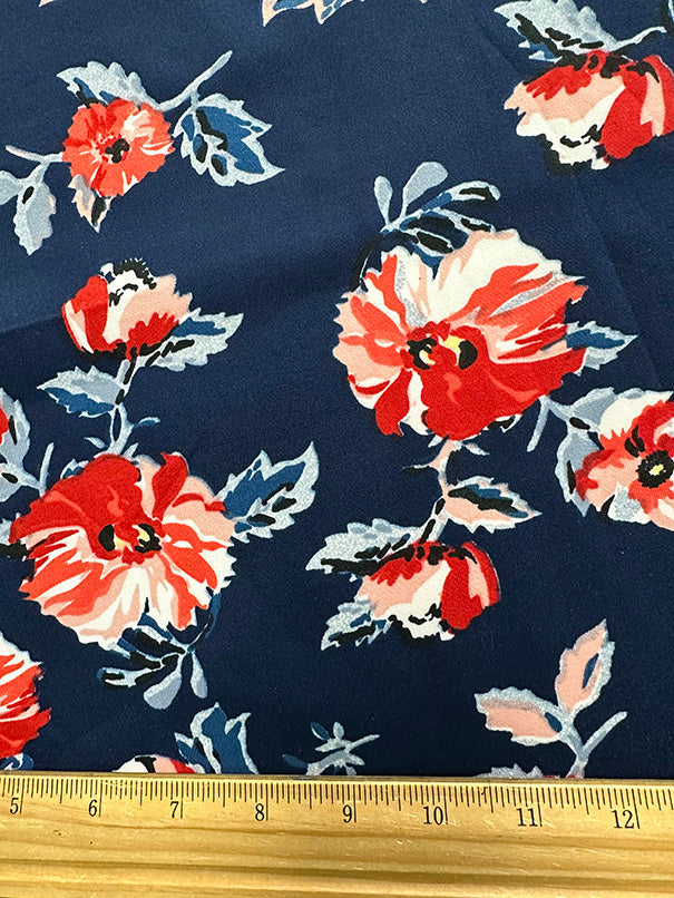 1 Yard Dark Blue Scuba Knit Fabric With Blue And Red Multi Floral Print For Apparel And Activewear 58 Inches Width