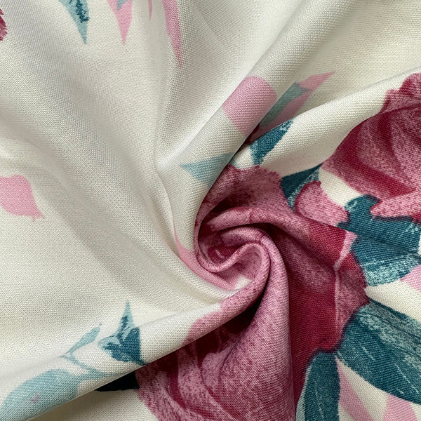 1 Yard Ivory Scuba Knit Fabric With Pink Multi Floral Print For Creative Apparel And Activewear 58 Inches Width