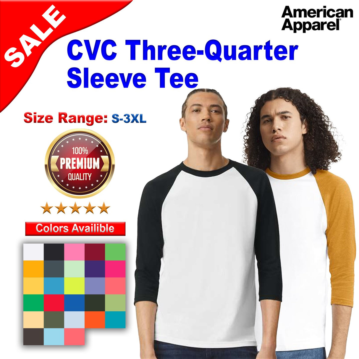 American Apparel® CVC Crewneck Three-Quarter Sleeve Tee