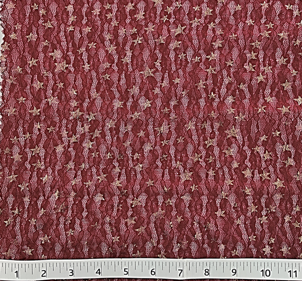 1 Yard Dark Wine Lace Fabric with Gold Foil Stars, 50/52" Wide, Stretch Apparel Material
