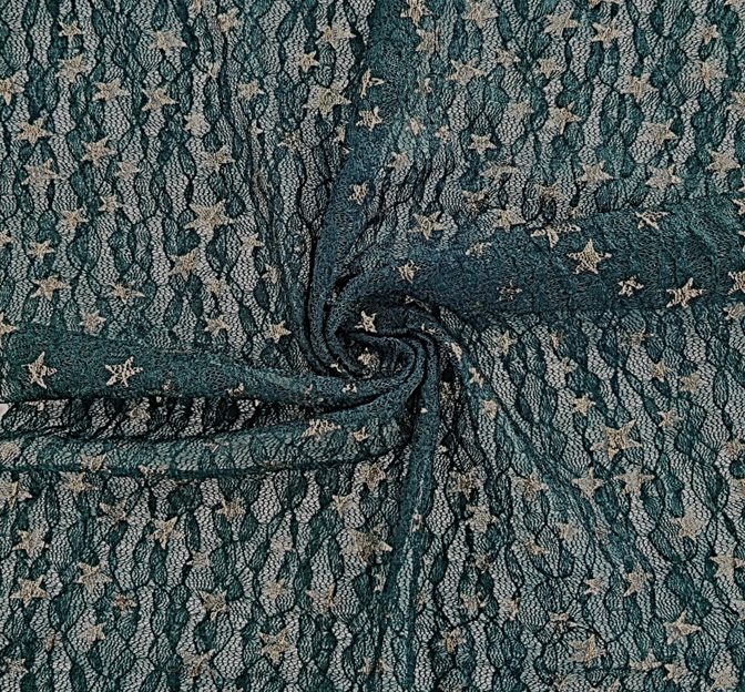 Lace With Foil Gold Stars 101812-500 Hunter Polyester Spandex Lace Fabric - Hunter, Gold Stars, 50/52" Width