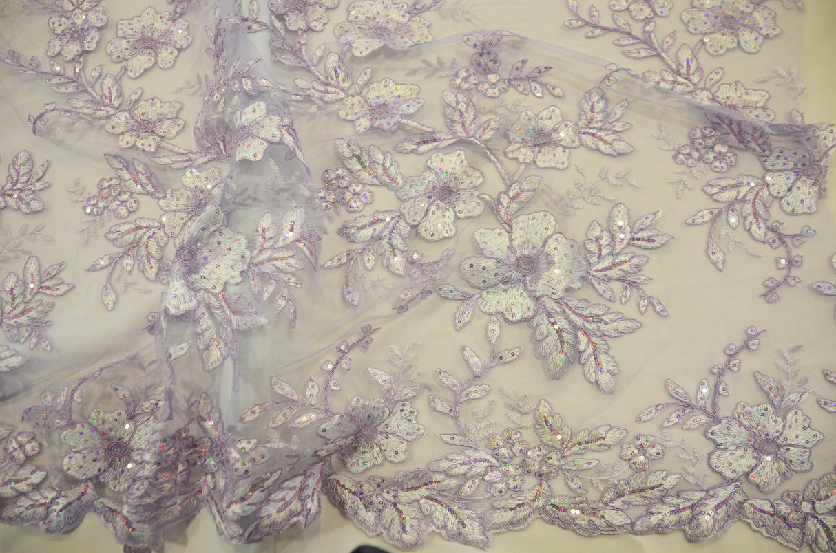Edith Embroidery Fabric - Two Tone Floral Embroidery, Sheer Tulle, 52" Width, Multiple Colors (1 Yard)
