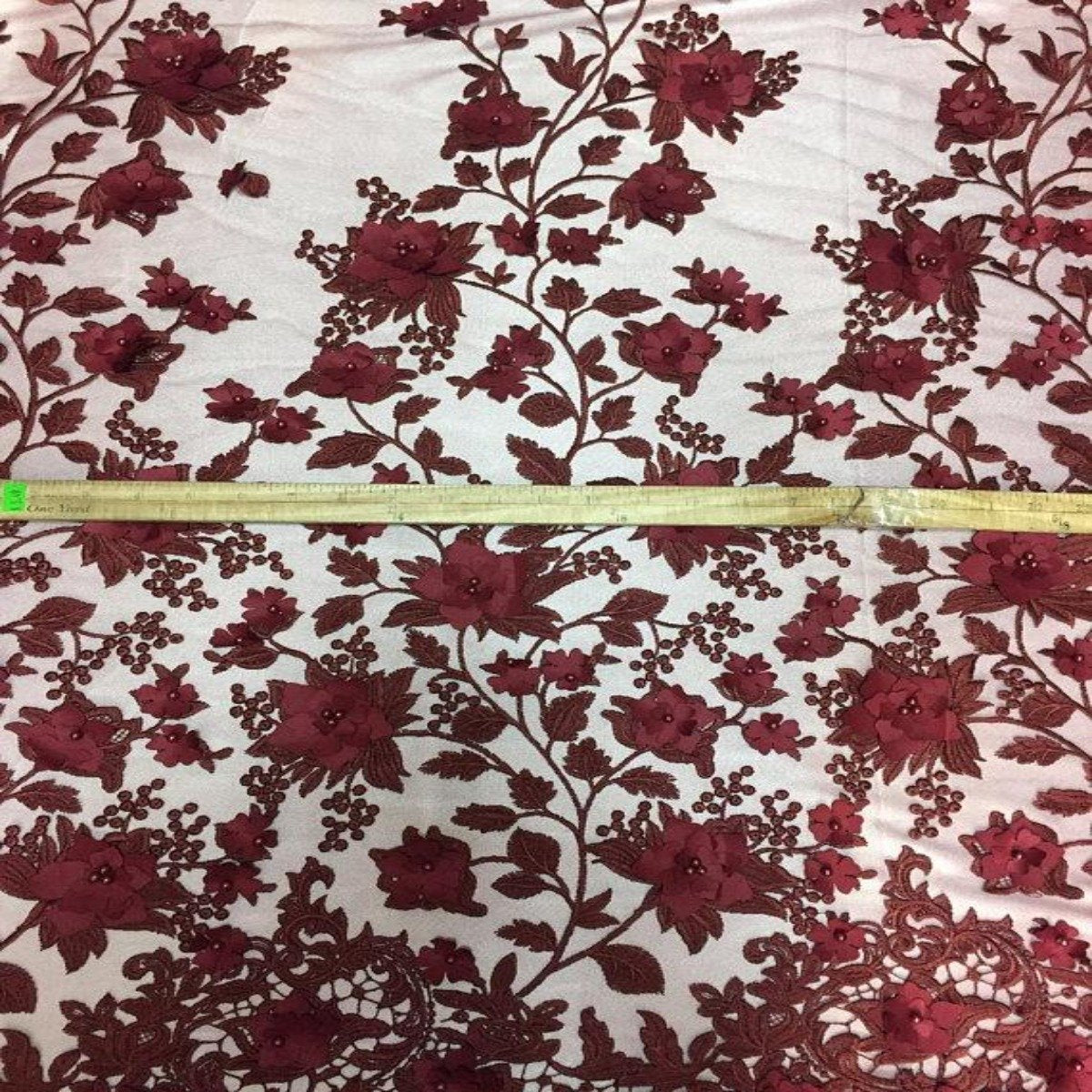 3D Embroidered Satin Floral Pearl Lace Fabric - 100 Percent Polyester Fabric, Floral Pearl Embroidery, 52" Width, 12" Panel (1 Yard)