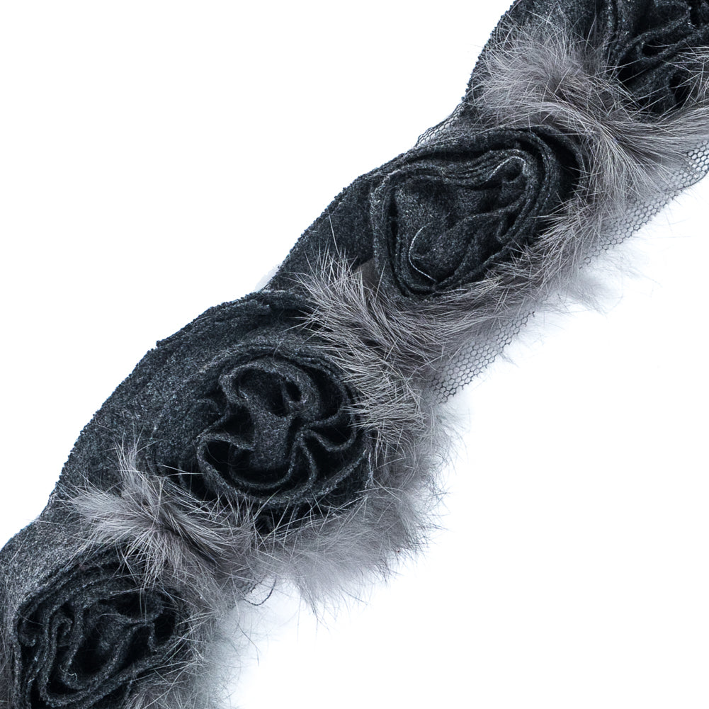 Gray Real Fur Rosette Trim - 2"