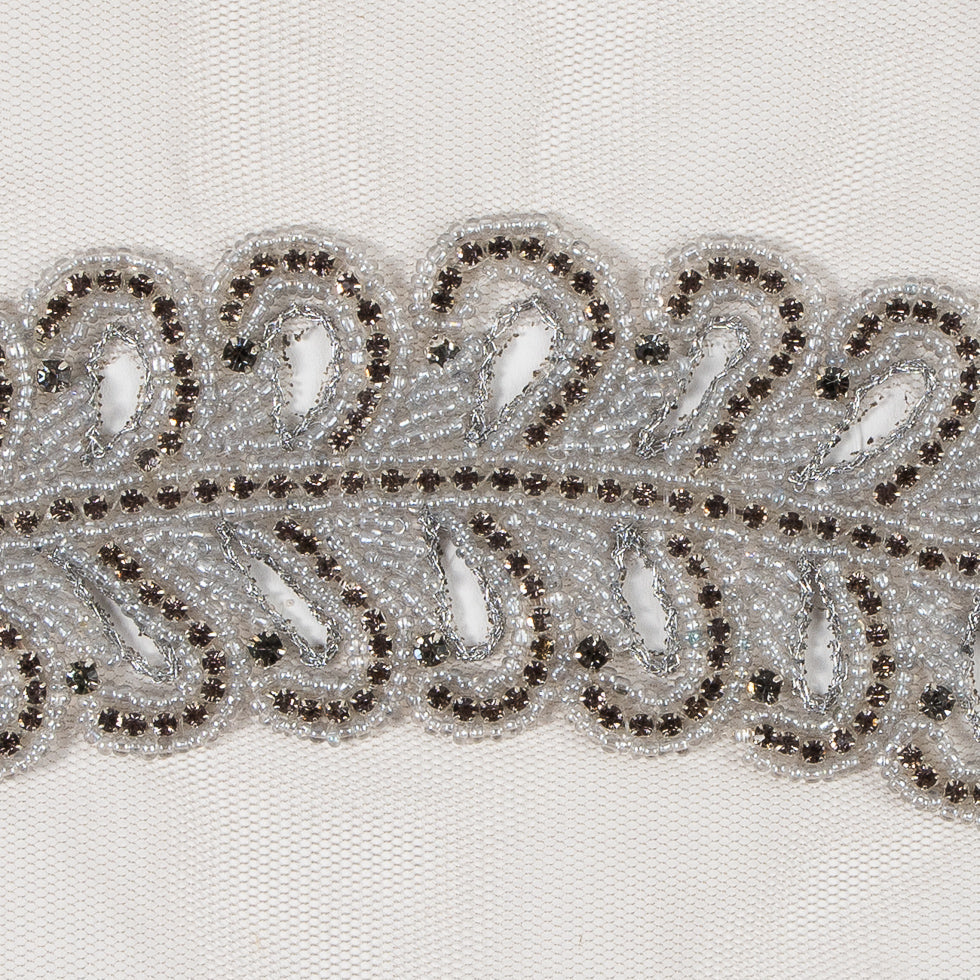 Gray Fancy Beaded Rhinestone Trim - 2"